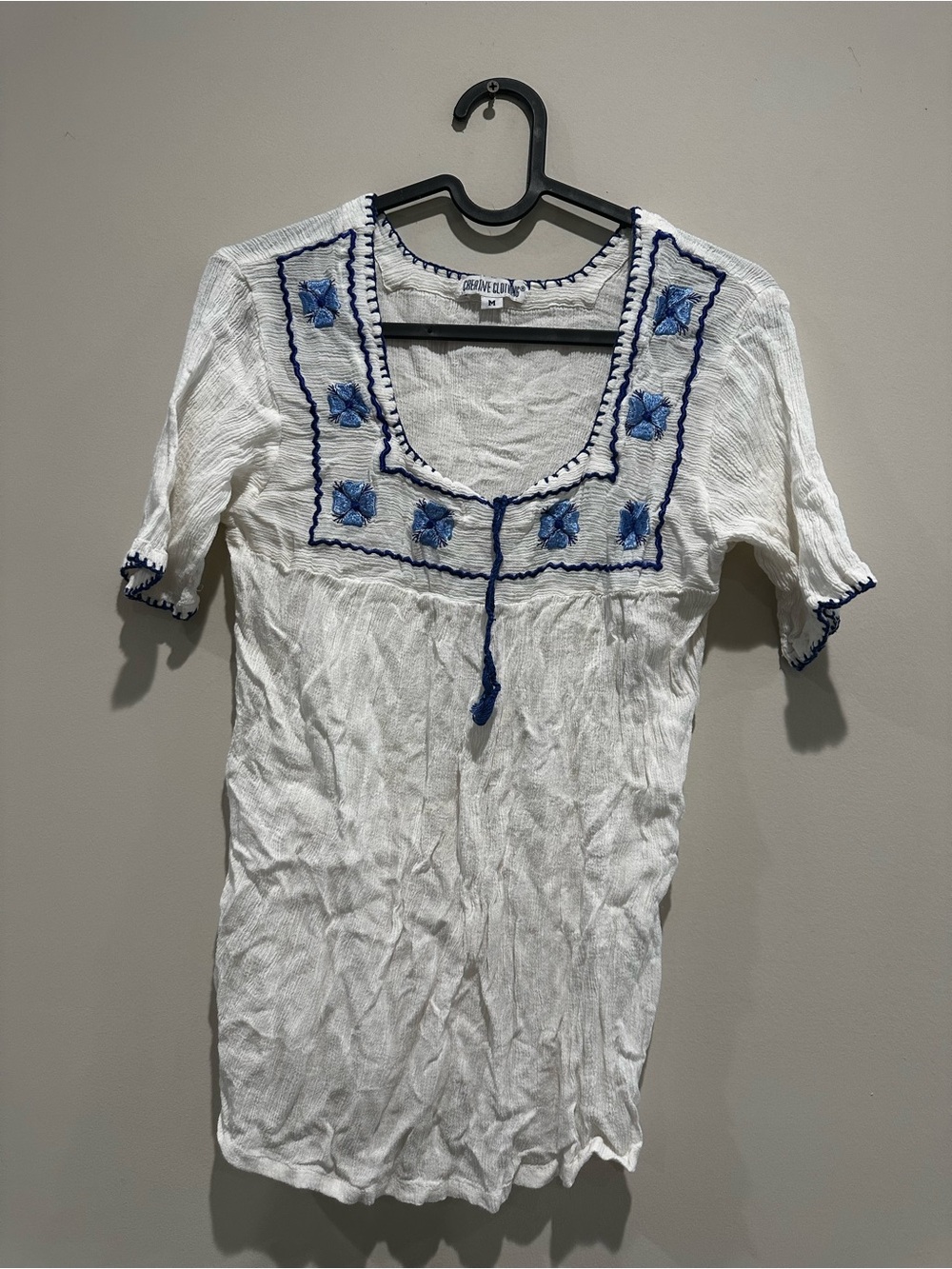 White Cotton Embroidered Square-Neck Top with Blue Accents